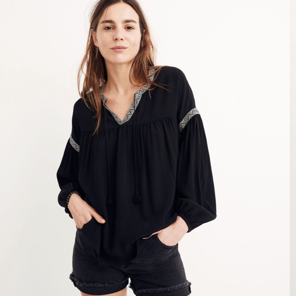 Madewell Blouson Sleeve Peasant Boho Top True Black Size Small - Picture 1 of 8